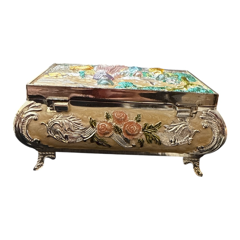 Vintage Decorative Jewelry Box with Victorian Scene, Metal Embossed Trinket Case - Picture 4 of 6